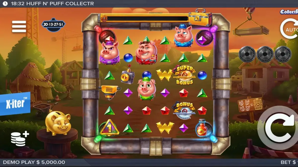 Pemandangan visual slot Huff n Puff CollectR dengan tema babi konstruksi dan elemen serigala.