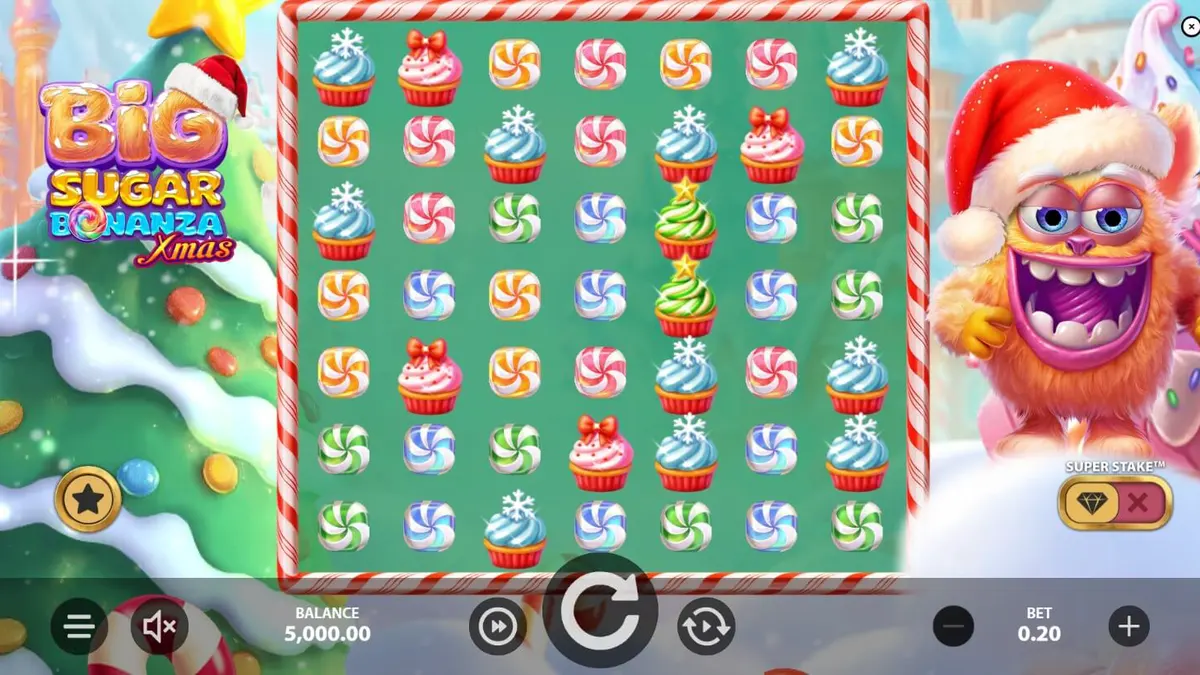 Tampilan visual slot Big Sugar Bonanza Xmas dengan tema permen dan monster lucu