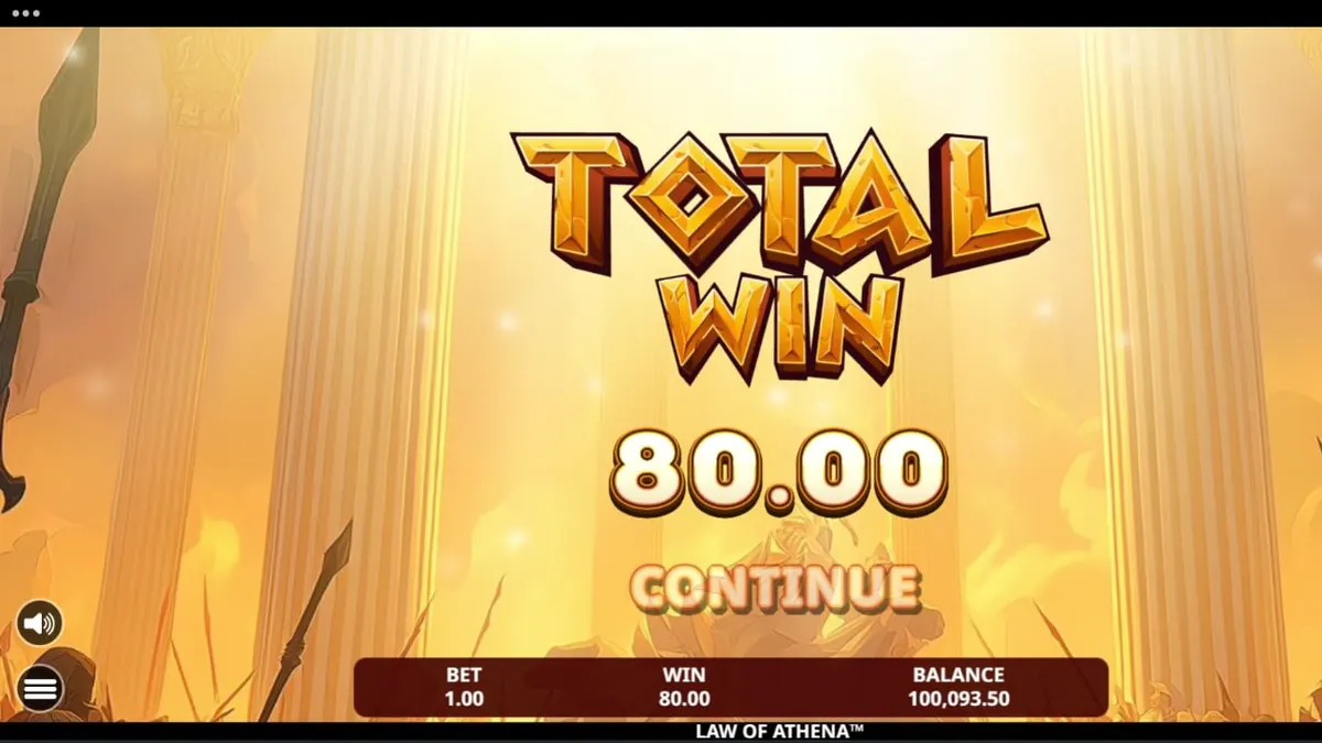 Pemandangan epik kuil Yunani kuno dengan simbol dewi Athena dalam permainan slot Law of Athena.